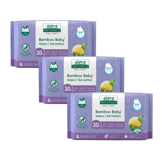Aleva Naturals Bamboo Travel Baby Wipes 90 Count, Extra Strong and Soft Diaper Wipes, Hypoallergenic, Biodegradable and Soft Wet Wipes - Pack of 3