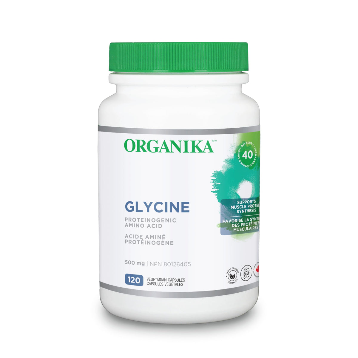 Organika Canadian-Made Glycine - Proteinogenic Amino Acid - Aids Protein Synthesis, Collagen Formation, Joint and Muscle Health, Calming Effect - 120caps