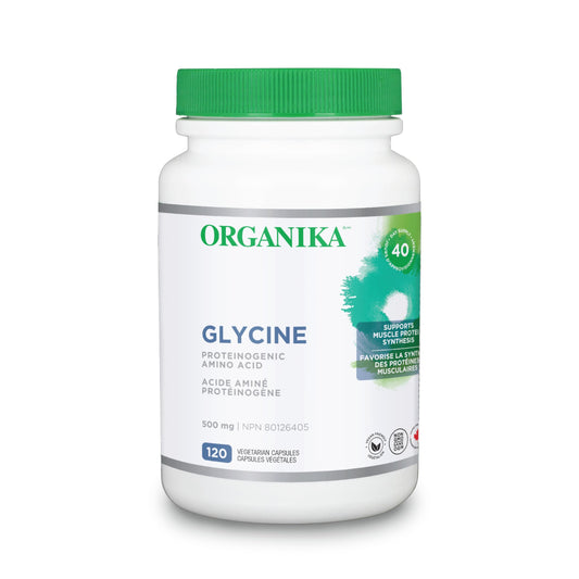 Organika Canadian-Made Glycine - Proteinogenic Amino Acid - Aids Protein Synthesis, Collagen Formation, Joint and Muscle Health, Calming Effect - 120caps