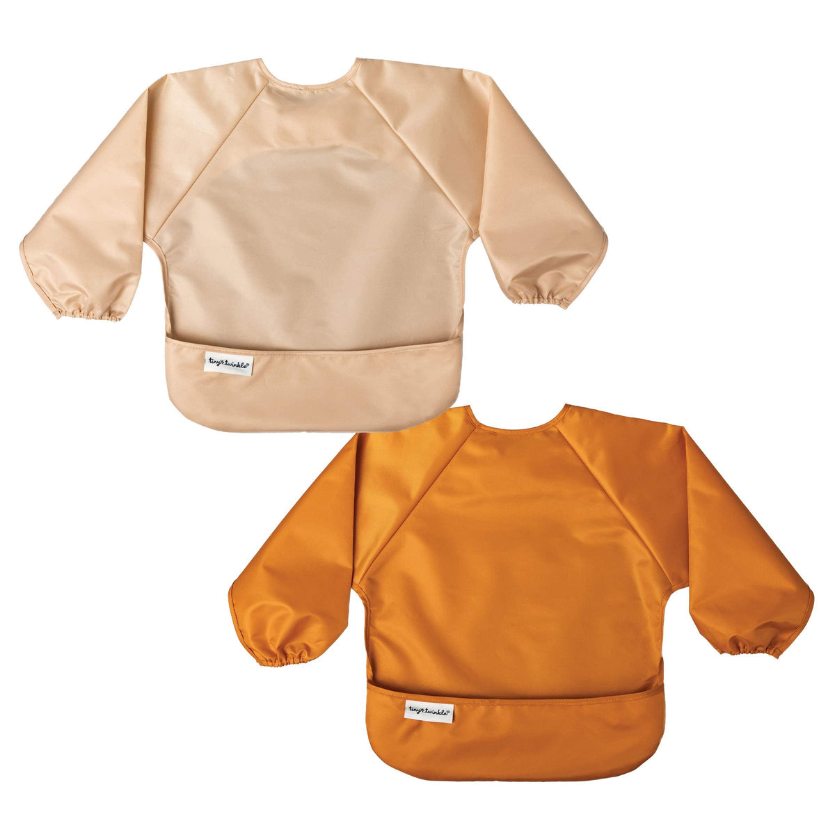 Tiny Twinkle Mess Proof Baby Bib, 2 Pack Long Sleeve Bib Outfit, Waterproof Bibs for Toddlers, Machine Washable, Tug Proof Sand, Cinnamon 6-24M