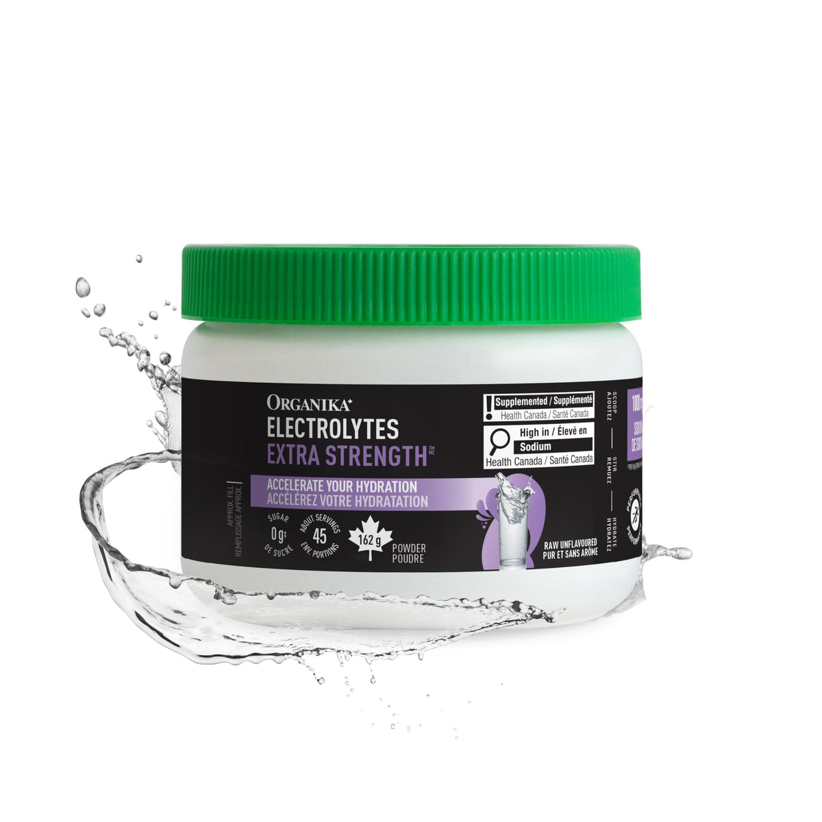 Organika Canadian-Made Electrolytes Extra-Strength Powder, NSF Certified, Unflavoured, 1000 mg Sodium, Sugar-Free Hydration & Recovery, 162g, 45 Servings