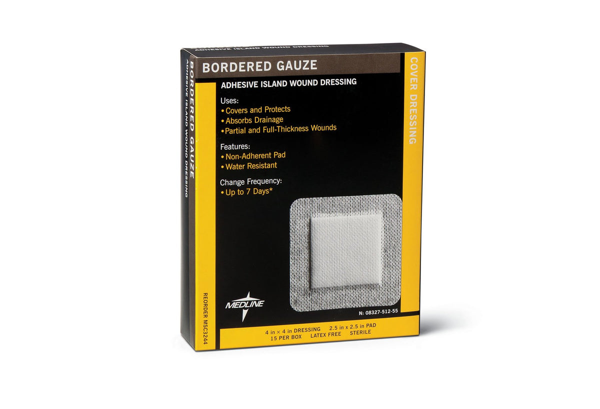 Medline Bordered Gauze Adhesive Island Wound Dressing, 4" x 4" with 2.5" x 2.5" Pad, 15 Per Box
