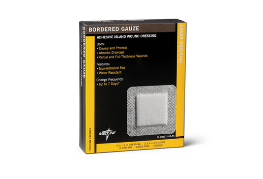 Medline Bordered Gauze Adhesive Island Wound Dressing, 4" x 4" with 2.5" x 2.5" Pad, 15 Per Box