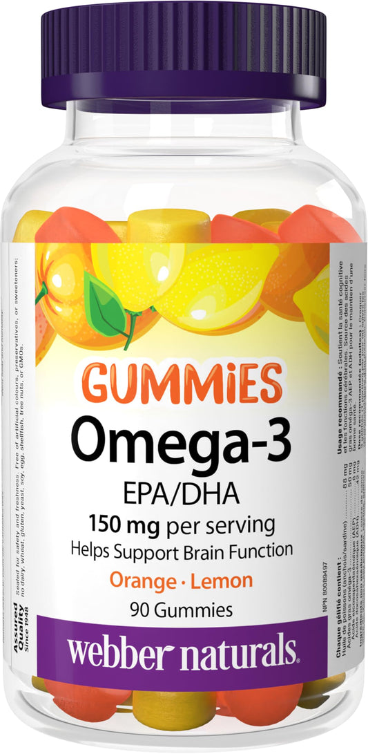 Webber Naturals Omega-3 Gummy, Providing 150 mg of Omega-3 Per Serving, No Fishy Aftertaste, Brain Support, Orange & Lemon Flavour, 90 Gummies