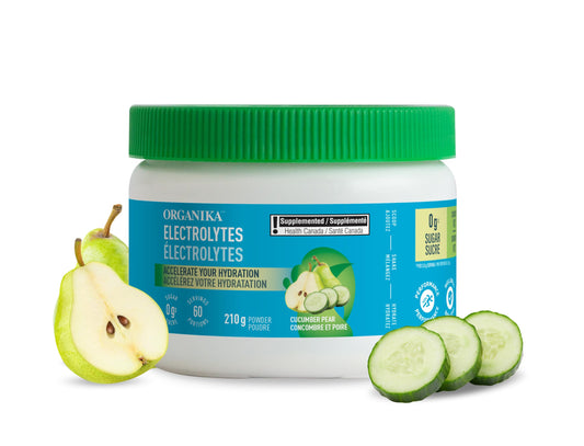 Organika Canadian-Made Electrolytes Powder with Vitamin C & Prebiotic Fibre - Sugar-Free Hydration Drink Mix - Cucumber Pear - 210 g - 60 servings