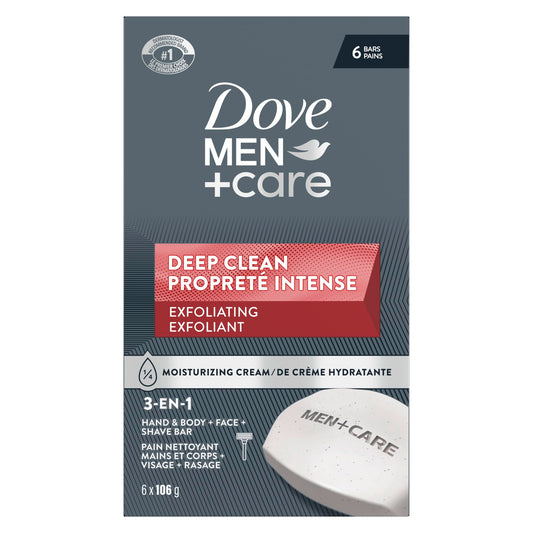 Dove Men+Care Deep Clean Hand & Body & Face & Exfoliation Bar Soap with purifying grains for healthy-looking and strong skin with ¼ moisturizing cream, 106g (Pack of 6)