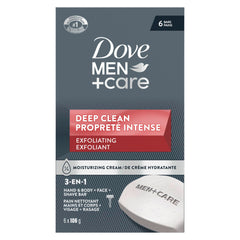 Dove Men+Care Deep Clean Hand & Body & Face & Exfoliation Bar Soap with purifying grains for healthy-looking and strong skin with ¼ moisturizing cream, 106g (Pack of 6)