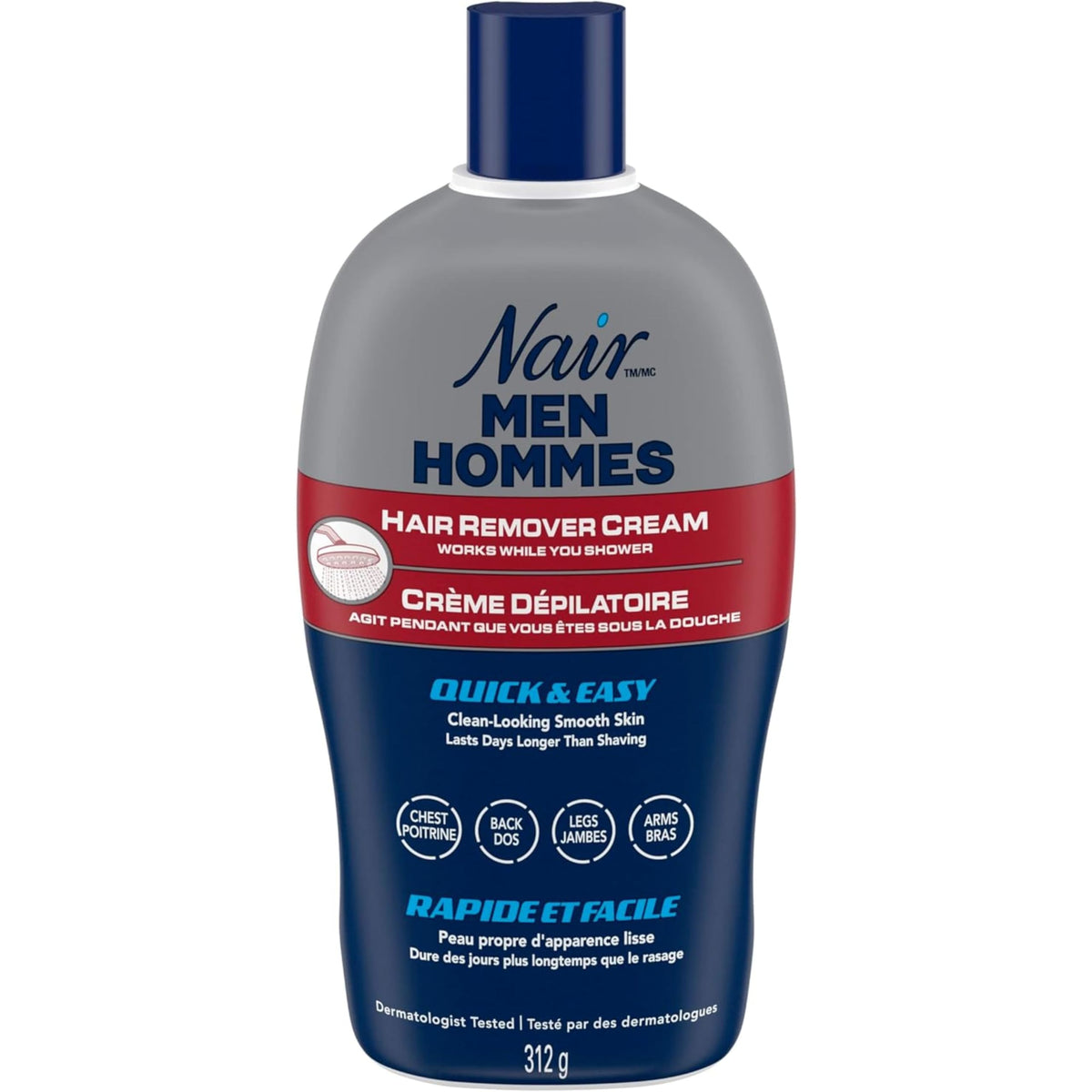 Nair Men Hair Remover Cream for Chest, Back, Legs and Arms, 100% Painless In-Shower Depilatory, Fast & Easy Body Hair Removal Formula, 312 Grams