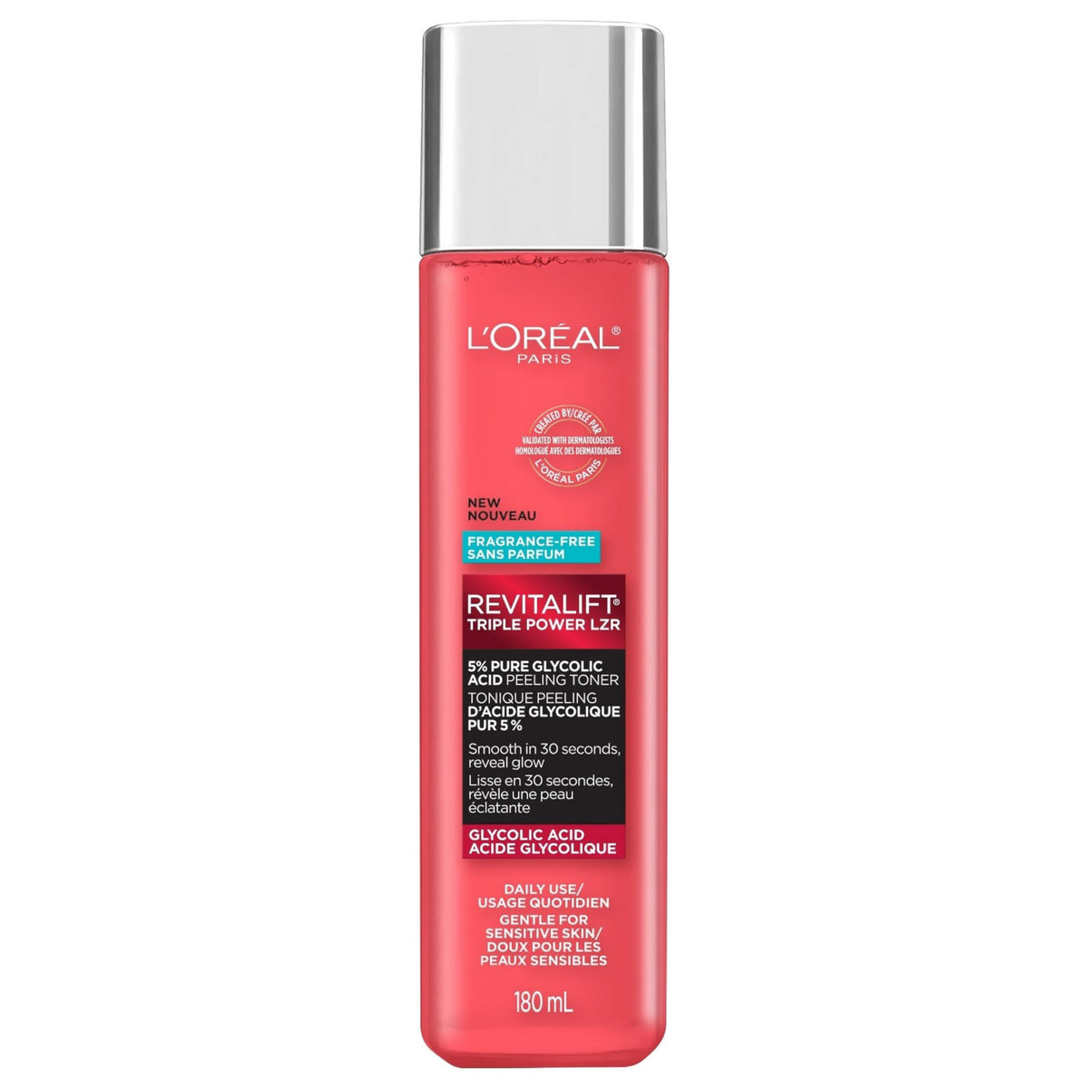L'Oreal Paris Revitalift Triple Power LZR 5% Glycolic Acid Peeling Toner with Aloe Vera, Smooth Skin & Reveal Glow, Daily Exfoliant for Brighter Skin, Fragrance and Alcohol Free, 180 mL