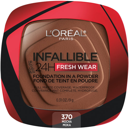 L’Oréal Paris Infallible Up to 24H Fresh Wear Foundation-in-a-Powder, Full Coverage Foundation, Waterproof Formula for All Skin Types with Matte Finish, Mocha, 0.31 oz.