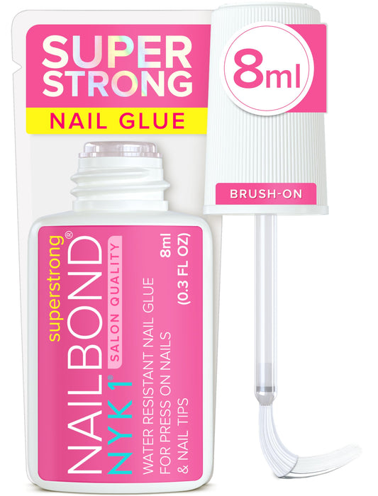 Super Strong Nail Glue for Press On Nails, Nail Tips & Acrylic Fake Nails (8ml) NYK1 NailBond Brush On Glue for Press Ons, Tips & Acrylics - Long Lasting, Maximum Strength, Mess-Free Application