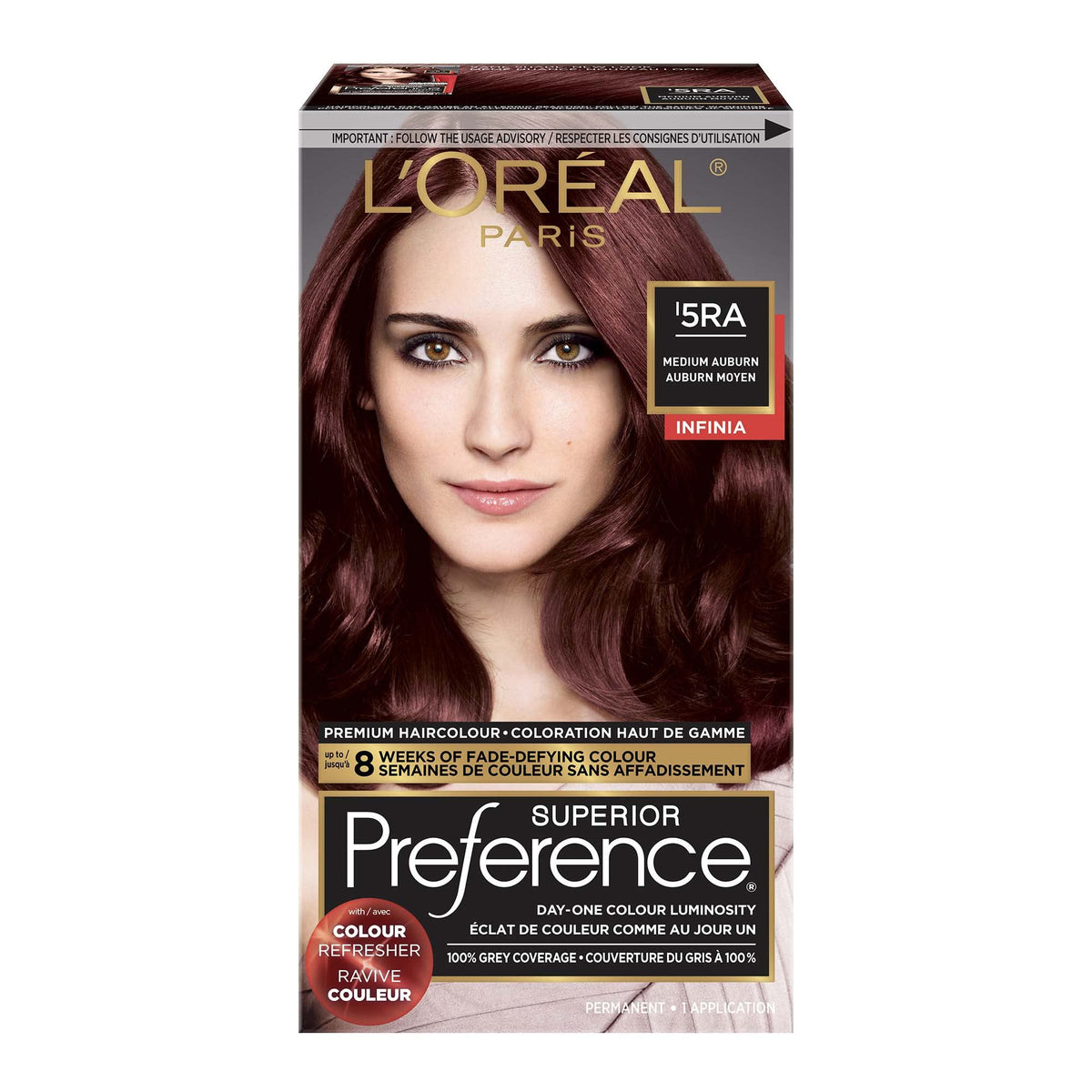 L'Oreal Paris Superieur Preference Infinia Permanent Hair Color, 5RA Medium Auburn, 100% Grey Coverage, Hair Dye, with Colour Refresher, 1 EA