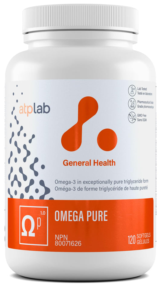 ATP Lab Omega Pure 120 Softgels 60-Day Supply - Omega-3 Fish Oil TG EPA DHA & Vitamin E, No Fishy Aftertaste, Support Brain Function & Cardiovascular Wellness, GMO-Free, Canadian Made, Easy-to-Swallow