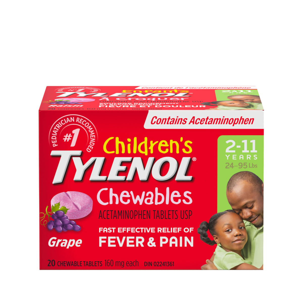 Children's Tylenol Chewables with 160 mg Acetaminophen, Pain Reliever & Fever Reducer for Kids' due to immunizations, colds, flu, headache, toothache, minor muscle aches, pains or sprains, Grape Flavor, 20 Count