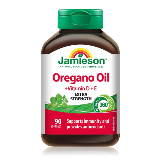 Jamieson Oregano Oil 180 mg Softgels, Extra Strength, with Vitamin D3 1,000 IU and Vitamin E. Supports Immune Health, Antioxidant, Non-GMO, Gluten-Free, 90 Count, Proudly Canadian