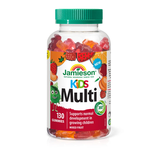 Jamieson Multivitamin Gummies for Kids, Orange, Cherry and Raspberry Flavours, Supports Growth and Development, Healthy Bones and Teeth. Vegetarian, Non-GMO, Gluten Free, Lactose Free, No Artificial Colours, Flavours or Preservatives, 130 Count
