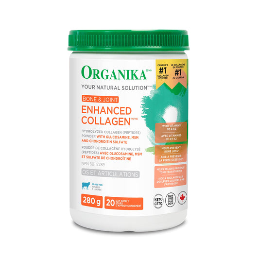 Organika Canadian-Made Enhanced Collagen Bone and Joint Powder - with Glucosamine, MSM, Chondroitin Sulfate, Vitamin D3 and K2 | Helps Restore Bone and Joint Health + Healthier Skin and Hair - 280g