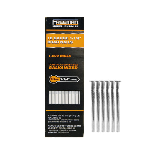 Freeman 18-Gauge Brad Nails, 1-1/4 Inch, Glue Collated Galvanized, 1000 Count, for Trim, Molding and Baseboards, Fits Most 18-Gauge Pneumatic, Electric Brad Nailers – BN18-125