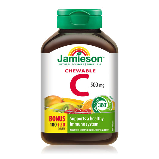 Jamieson Chewable Vitamin C 500 mg Mixed Flavours, Supports Immune Health, Strong Teeth and Bones. Family Friendly (4+), Vegetarian, Non-GMO, Gluten-Free, No Artificial Flavours, Colours, or Preservatives, 120 Count, Proudly Canadian
