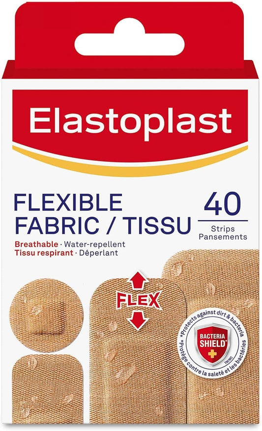 Elastoplast Flexible Fabric Bandages, 40 Strips, Assorted Sizes, beige | Extra Flexible | Adapts to all your movements | Strong Adhesion | Breathable Material | Water-repellent | Bacteria Shield