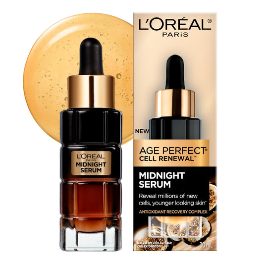 L'Oreal Paris Midnight Serum, Anti Aging Night Serum for Face with Vitamin E, Hyaluronic Acid and Antioxidants, Age Perfect Cell Renewal, Skincare, 30 ml