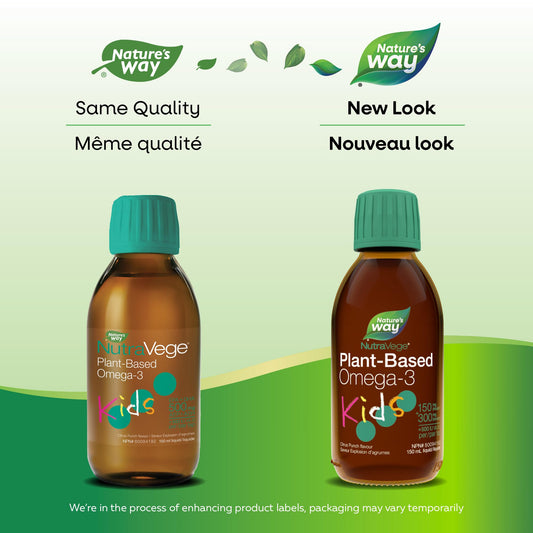 Nature's Way NutraVege Kids Omega-3 Supplement, Plant-Based, Vegetarian, Vegan-friendly, 500 mg of EPA + DHA, 500 IU Vegan Vitamin D3, Citrus Punch, 150 ml Liquid