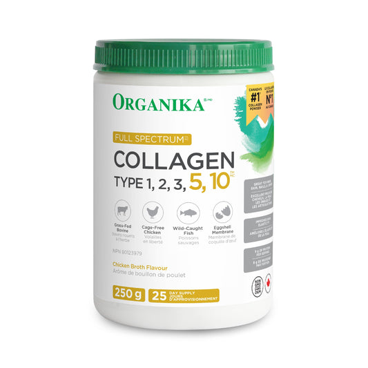 Organika Canadian-Made Full Spectrum Collagen - Type 1,2,3,5,10 - Complete Collagen Naturally Containing Hyaluronic Acid and Elastin for Healthier Hair, Skin and Joints Mild Chicken Broth Flavour 250g