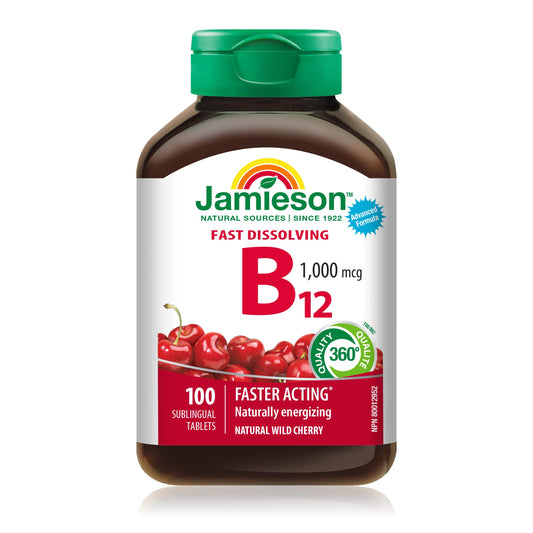 Jamieson Vitamin B12 Methylcobalamin 1,000 mcg, Fast Dissolving, Faster Acting, Naturally Energizing, and Supports Metabolism. Vegetarian, Gluten-Free, Natural Wild Cherry Flavour, 100 Sublingual Tablets, Proudly Canadian