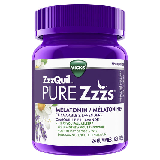 Vicks ZzzQuil PURE Zzzs Melatonin Sleep Aid Gummies with Chamomile, Lavender, & Valerian Root, 1mg per gummy, 24 Count