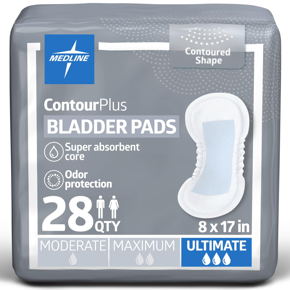 Medline ContourPlus Bladder Control Pad for Incontinence; Ultimate Absorbency; Size 8 x 17; Bag of 28, 17 inches