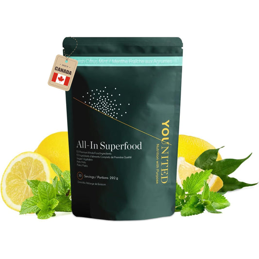 Younited All-In Superfood Greens Powder | Made in Canada | 53 Premium Organic Food Ingredients | 6 Servings of Vegetables + Fruit per Scoop | Loaded w/Phytonutrients | Citrus Mint (30 Servings)