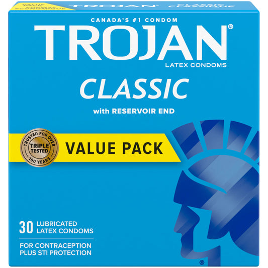 TROJAN Classic Lubricated Latex Condoms, 30 Count, Smooth Design With Special Reservoir End for Extra Safety, Silky Smooth Lubricant for Extra Comfort