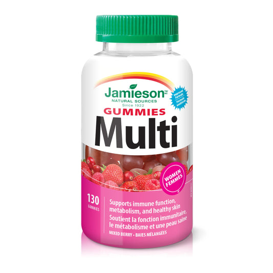 Jamieson Multivitamin Gummies for Women Mixed Berry Flavour, Supports Bone Health, Immunity, Energy, Hair, Skin and Nails. With Biotin and Vitamin B12, Vegetarian, Non-GMO, No Gluten, Artificial Colours, Flavours or Preservatives, 130 Count