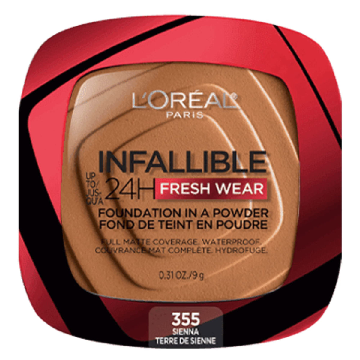 L'Oreal Paris Infallible 24H Fresh Wear In A Powder Foundation, Pressed Powder, Up to 24H Wear, Waterproof Matte Finish, Sienna 355, 9g