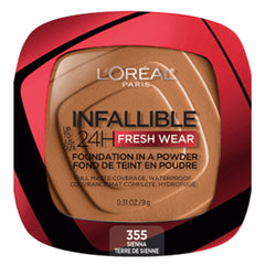 L'Oreal Paris Infallible 24H Fresh Wear In A Powder Foundation, Pressed Powder, Up to 24H Wear, Waterproof Matte Finish, Sienna 355, 9g