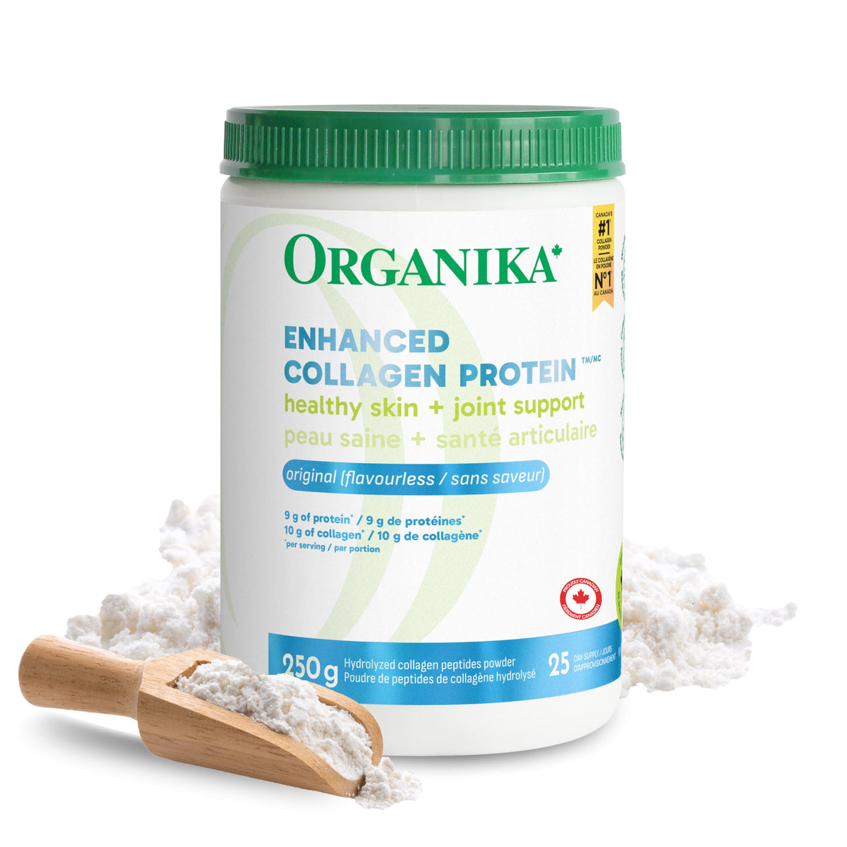 Organika Canadian-Made Enhanced Collagen Powder - for Healthy Hair, Skin, Nails, and Joints. Hydrolyzed Protein Peptides for Better Absorption- Grass-Fed, Non-GMO- Unflavoured- 250g