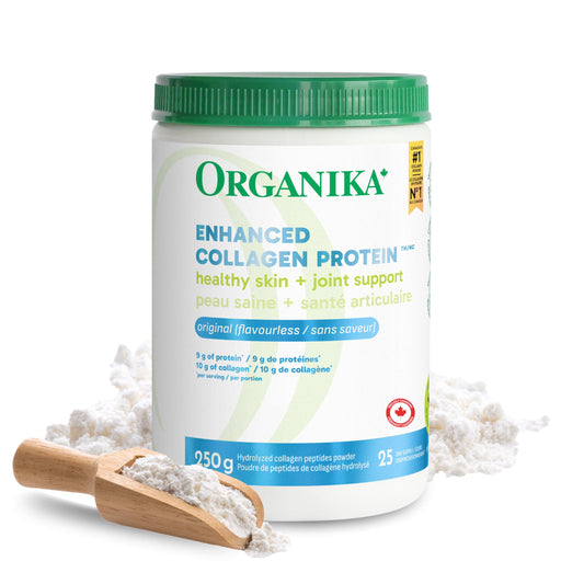 Organika Canadian-Made Enhanced Collagen Powder - for Healthy Hair, Skin, Nails, and Joints. Hydrolyzed Protein Peptides for Better Absorption- Grass-Fed, Non-GMO- Unflavoured- 250g 2560