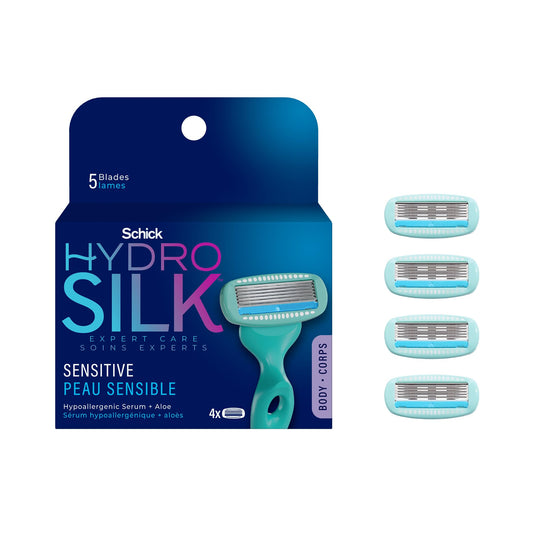Schick Hydro Silk Sensitive Care Razors for Women | Replacement Refills for any Hydro Silk Handles | 5-Blade Refill for Women with Sensitive Skin| 4 Count Razor Refills