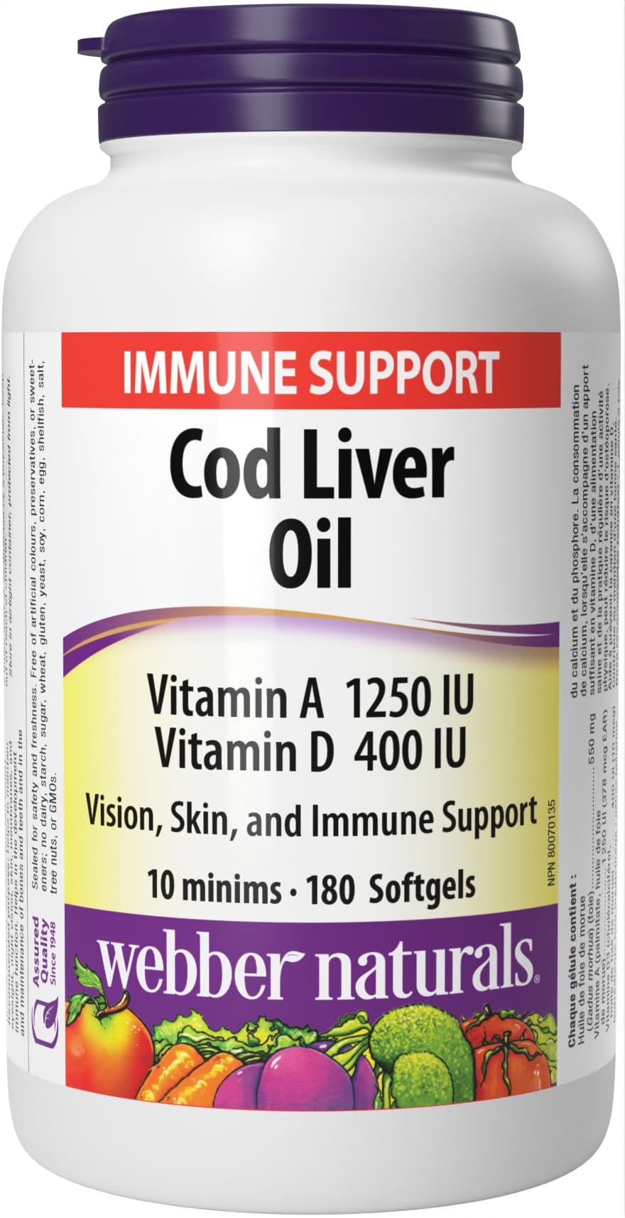 Webber Naturals Cod Liver Oil with Vitamin A and D3, 180 Softgels, Vision, Skin, and Immune Support