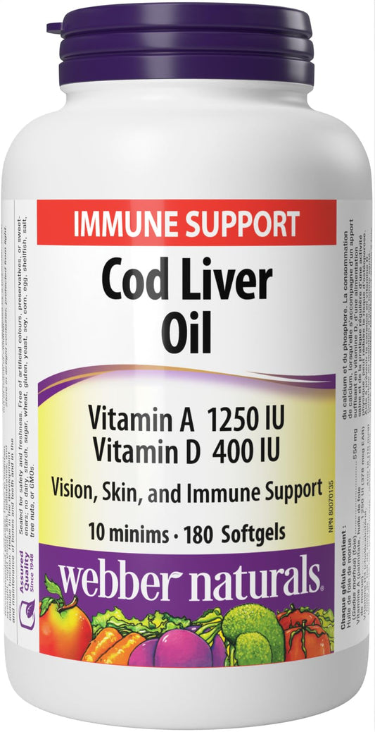 Webber Naturals Cod Liver Oil with Vitamin A and D3, 180 Softgels, Vision, Skin, and Immune Support