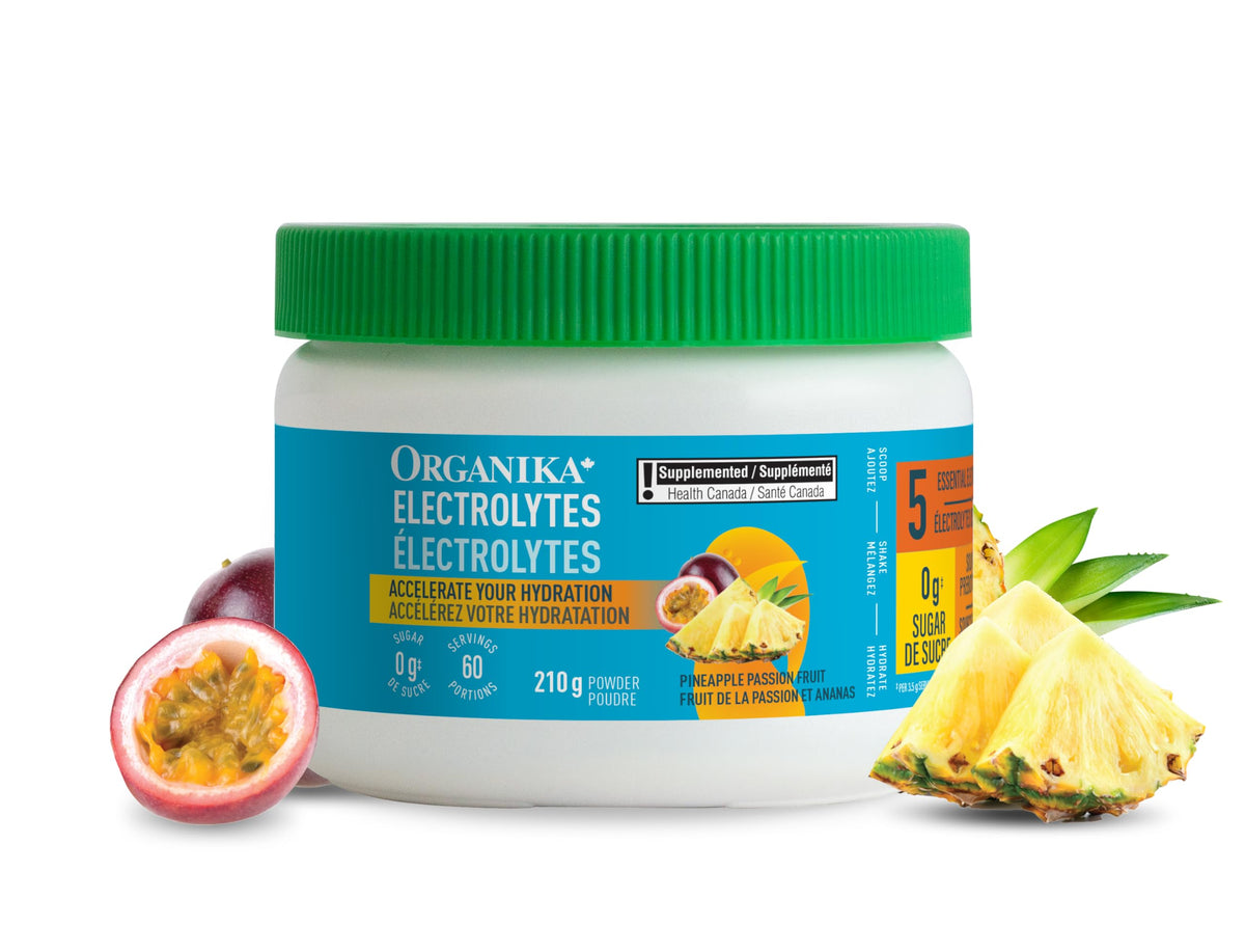 Organika Canadian-Made Electrolytes Powder with Vitamin C & Prebiotic Fibre - Sugar-Free Hydration Drink Mix - Pineapple PassionFruit - 210 g - 60 servings