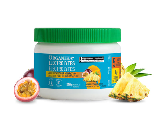 Organika Canadian-Made Electrolytes Powder with Vitamin C & Prebiotic Fibre - Sugar-Free Hydration Drink Mix - Pineapple PassionFruit - 210 g - 60 servings