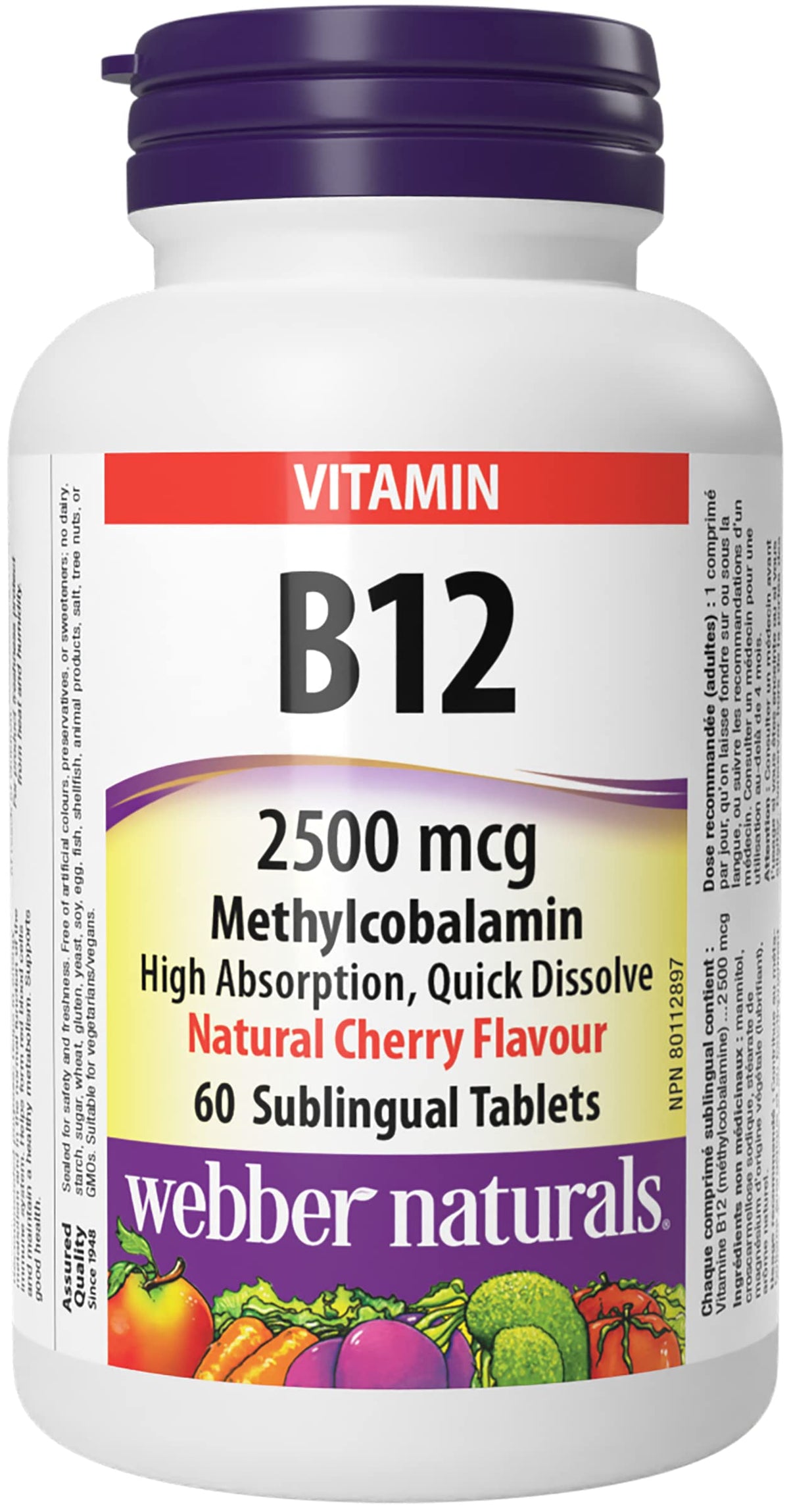 Webber Naturals Vitamin B12 2500 mcg, Quick Dissolve, 60 Tablets, Natural Cherry Flavour, Supports Energy Production and Metabolism