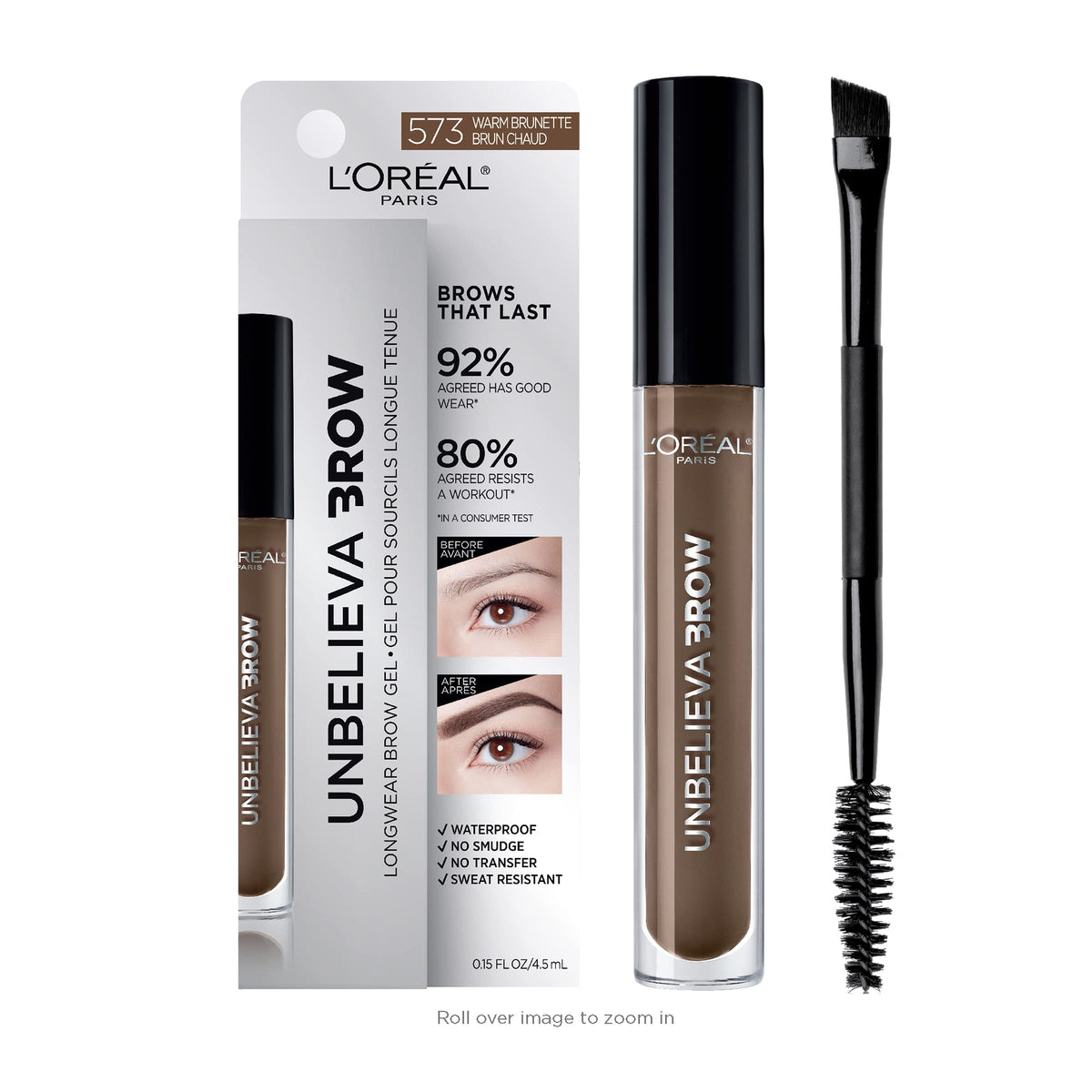 L'Oreal Paris Unbelieva-Brow Longwear Waterproof Tinted Brow Gel, Eyebrow Gel, Warm Brunette, 0.15 fl. Oz