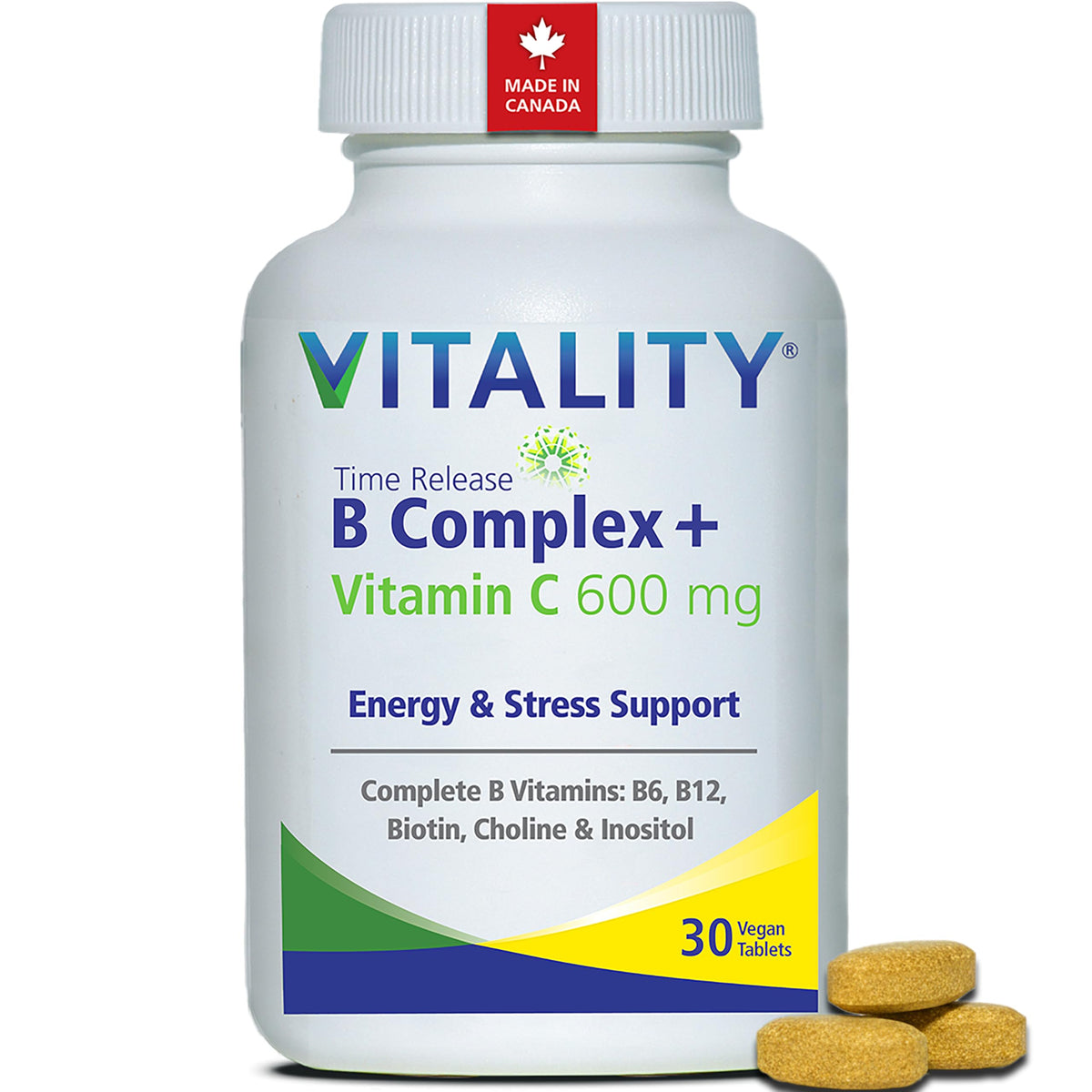 VITALITY Time Release B Complex + Vitamin C 600 mg - For Energy & Stress Support, High Potency, Canadian Made, With Folate, Biotin, Inositol, Choline & PABA, 30 Tablets