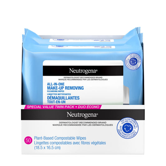 Neutrogena All in One Makeup Remover Cleansing Fragrance-Free Wipes - Alcohol-free, Sensitive Skin, Compostable, Duo pack, 50 wipes