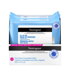 Neutrogena All in One Makeup Remover Cleansing Fragrance-Free Wipes - Alcohol-free, Sensitive Skin, Compostable, Duo pack, 50 wipes