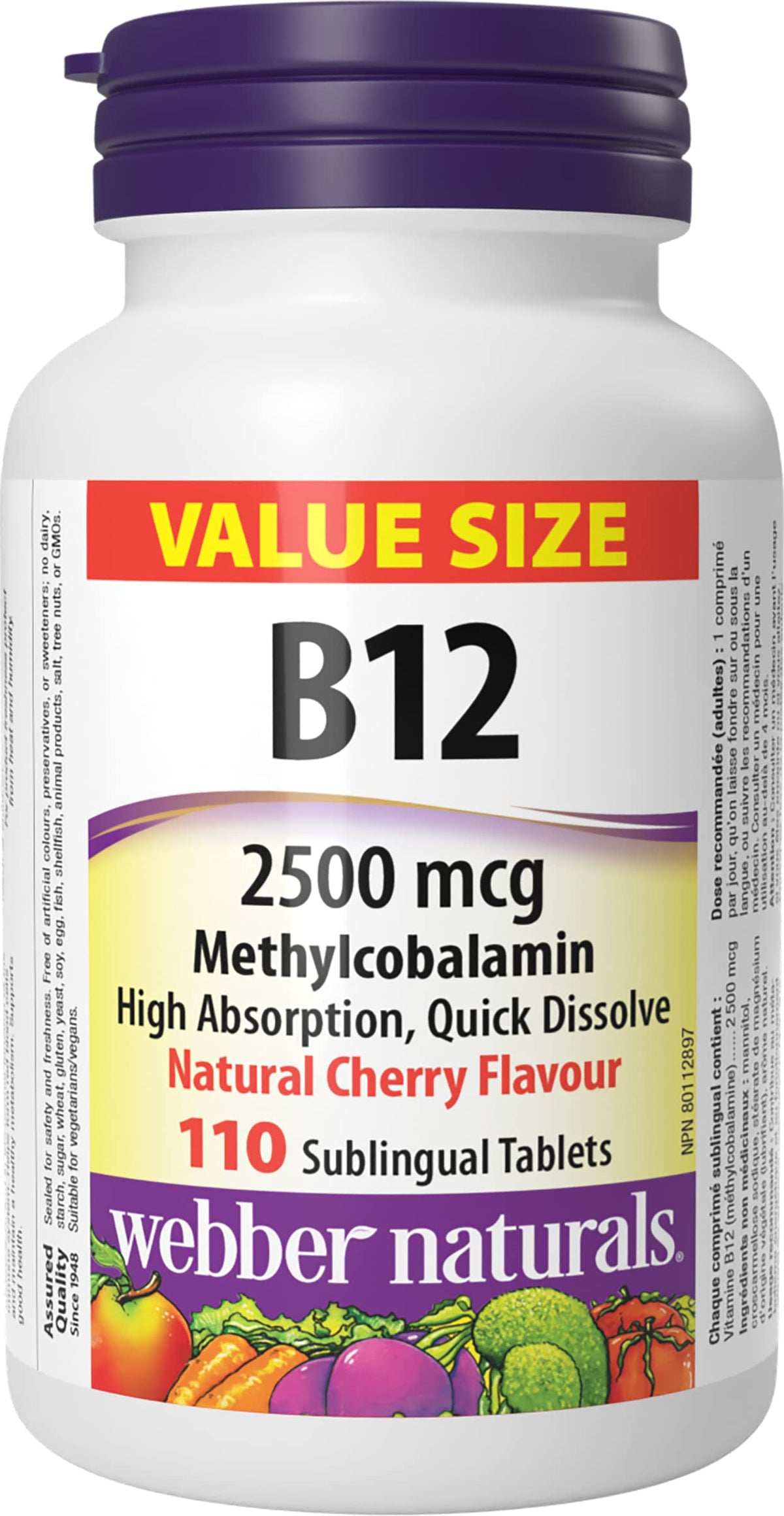 Webber Naturals Vitamin B12 2500 mcg, Quick Dissolve, 110 Tablets, Natural Cherry Flavour, Supports Energy Production and Metabolism