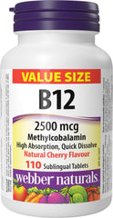Webber Naturals Vitamin B12 2500 mcg, Quick Dissolve, 110 Tablets, Natural Cherry Flavour, Supports Energy Production and Metabolism