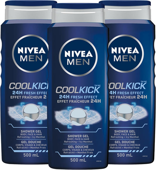 NIVEA MEN Cool Kick Body Wash | 3-in-1 Men Shower Gel (Body, Face & Hair), 3x500mL
